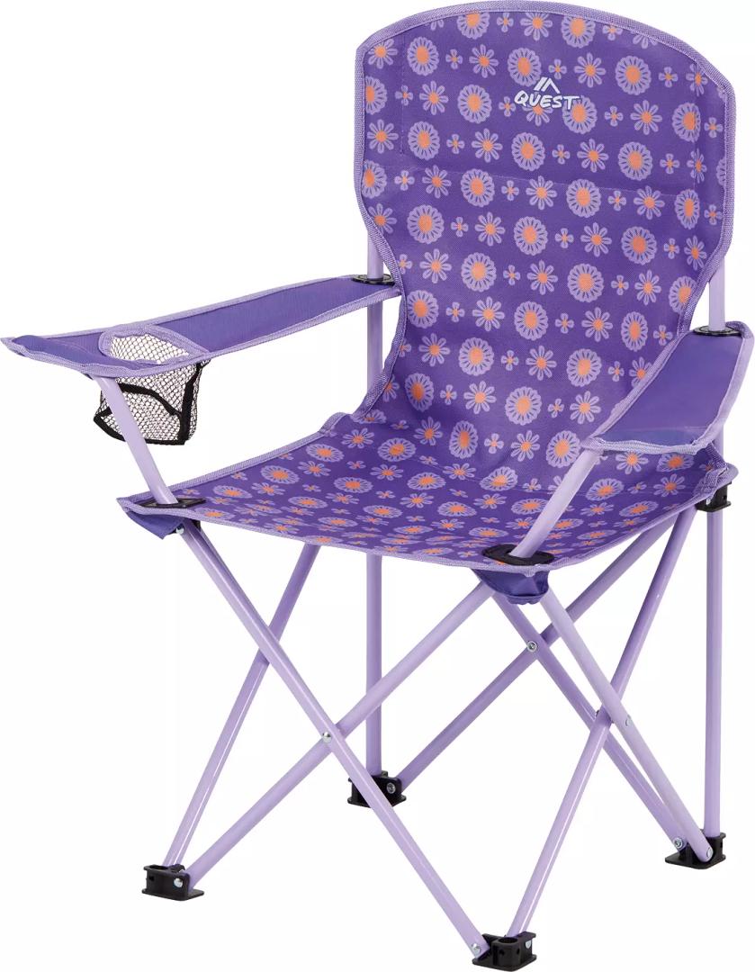 QUEST Kids Foldable Chair, Purple with Orange Flowers, with Cup Holder, Pink Storage Bag