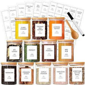 12 Pcs Glass Spice Jars with Bamboo Airtight Lids and 191 Labels - 8.5oz Small Food Storage Containers for Kitchen, Seasoning, Coffee, Herb - Spoon and Marker Included