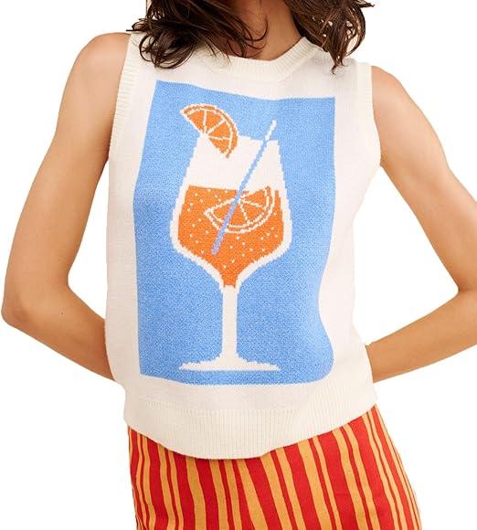 Women Graphic Sweater Vest Y2k Knit Tank Top Lightweight Pullover Top, Medium