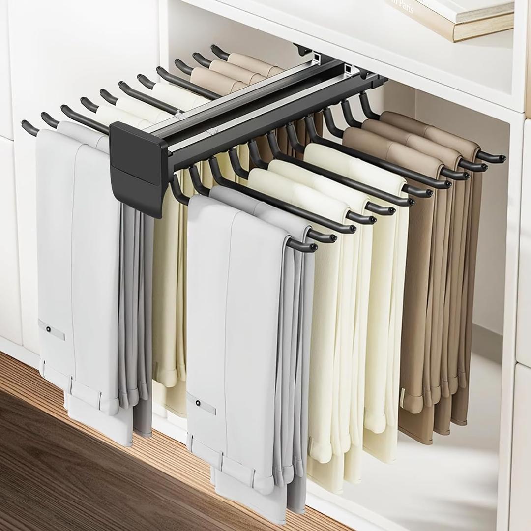 YJINGRUI Pull Out Pants Rack, 20 Arms Double Row Steel Pull Out Trousers Rack for Closet, Pants Organizer for Closet Cloakroom Bedroom to Space Saving and Storage