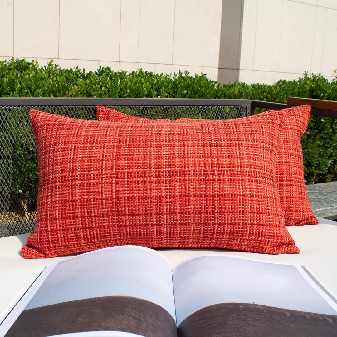 Kevin Textile Outdoor Waterproof Throw Pillow Covers 14x24 Inch Pack of 2 Woven Faux Linen Farmhouse Decorative Water Resistant Lumbar Cushion Covers for Tent Patio Garden Couch Sofa Red