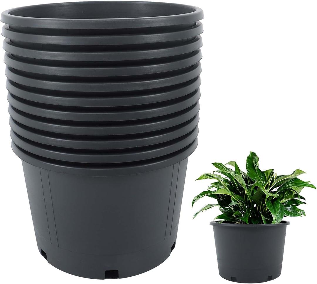 Plant Pots Flower Pot 10-Pack 5 Gallon Short Planter Nursery Pot Garden Seedling Planters Containers Plastic Injection Molded Pots with Drainage Holes for Outdoor Indoor Plants Vegetables, Black