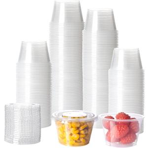 HOMIP 100Pack 4oz Disposable Plastic Portion Cups with Lids, Small Mini Sauce Cups for Portion Control, Salad Dressing Cups, Airtight and Stackable Condiment Cups for Party, Holiday and Daily Use