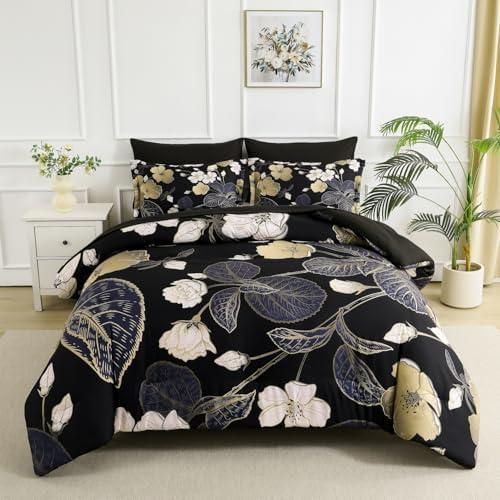 Yogeneg 7 Piece Bed in a Bag King Size Comforter Set Black Bedding Set,Pink Gold Floral Leaves Printed on Reversible Design,Soft Microfiber Comforter with Sheet Set,All Season(Black Pink,King)
