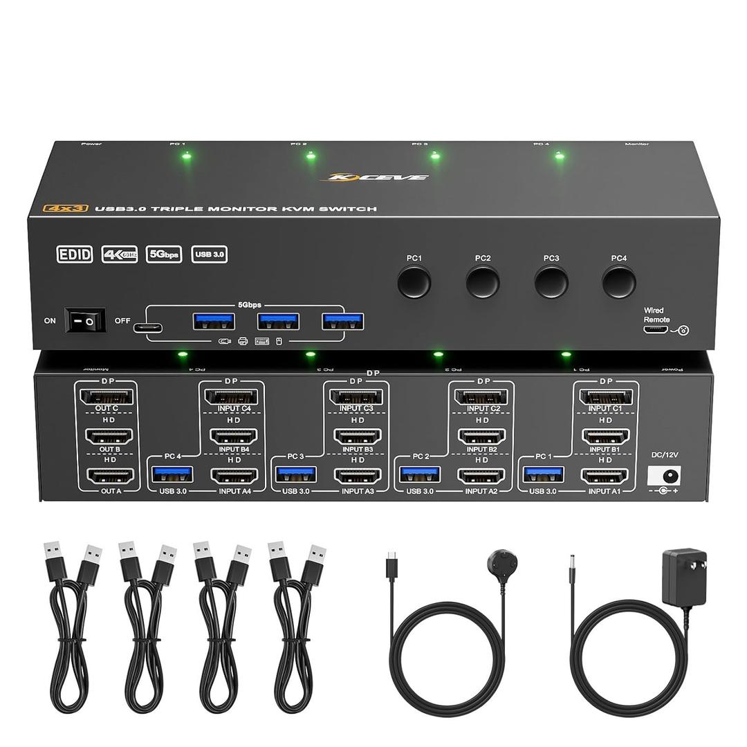 KVM Switch 3 Monitors 4 Computers 4K@60Hz,EDID Simulation,USB 3.0 HDMI Displayport KVM Switch Triple Monitor for 4 PC Share 3 Monitors and Keyboard Mouse Printer,with Wired Remote and 4 USB Cables