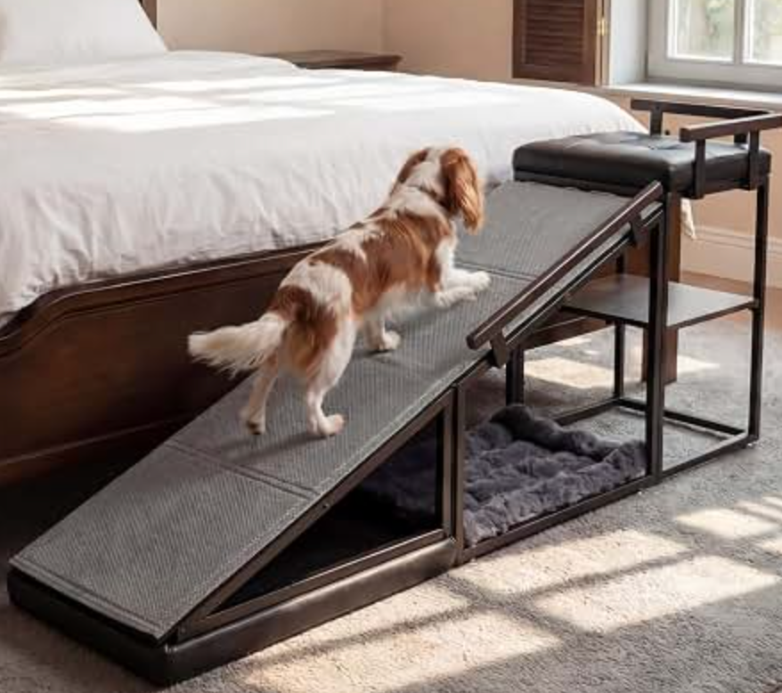 Dog Ramp for Bed, Pet Ramp for Dogs with Non-Slip Carpet and Top Platform, 74" x 16" x 25", Brown