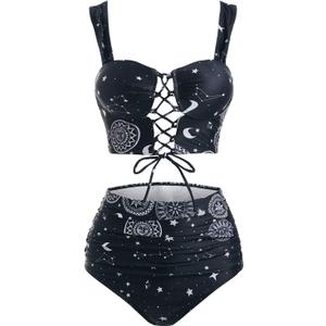 DRESSFO Bikini Set for Women Two Piece Bathing Suit High Waisted Bikini Gothic Sun and Moon Tummy Control Swimsuits (Medium, Black)