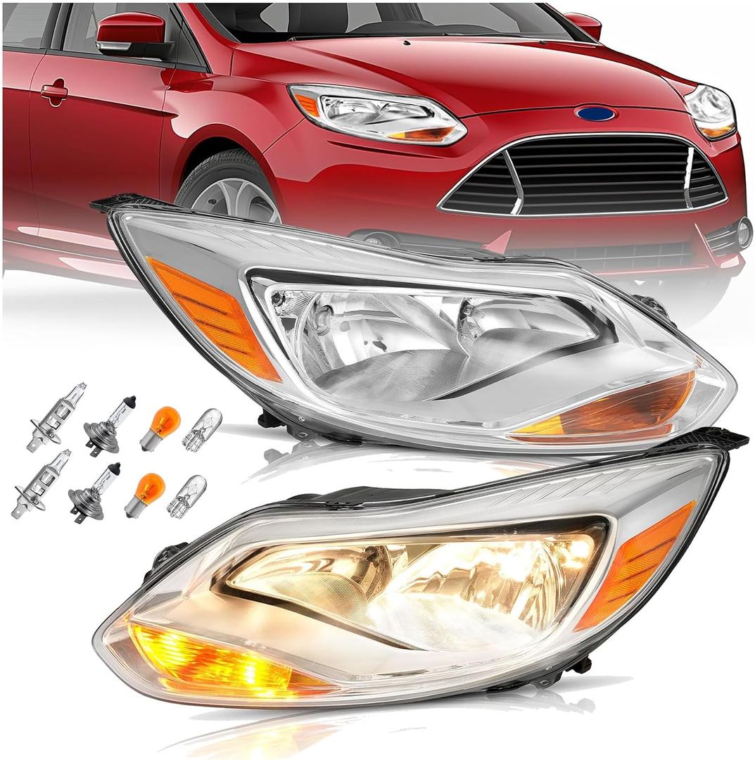 HECASA Pair Headlights Assembly Compatible with 2012-2014 Ford Focus 4-Door Replacement for FO2502299 FO2503299 Driver & Passenger Side Halogen Headlamp w/bulbs Clear Lens+Chrome Housing