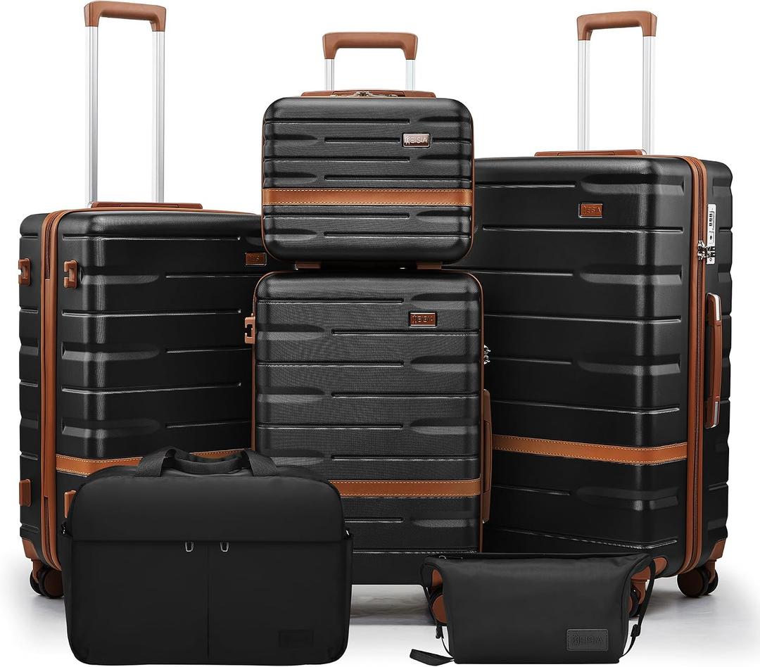 Luggage Sets, Suitcase with Spinner Wheels, PC+ABS Hardshell Travel Luggage Set with TSA Locks,Lightweight Rolling LuggageCarry on suitcase with YKK Zippers (Black, 6 piece set(14/20/24/28/DB/TB))