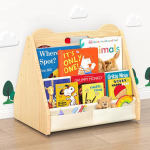 Solid Pine Wood Kids Bookshelf, Double-Sided Nursery Book Shelves, Portable Toddler Bookshelf, Montessori Bookcase, Book Shelf for Kids Rooms, Childrens Book Storage Display for Bedroom Classroom, Cream