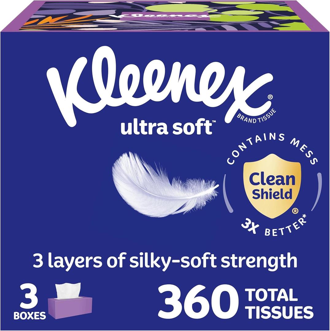 Kleenex Ultra Soft Facial Tissues, 3 Flat Boxes, 120 Tissues per Box, 3-Ply (360 Total), Packaging May Vary (White)