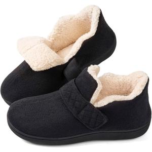 Zizor Women's Velcro Adjustable House Shoes Slippers Indoor Outdoor with Memory Foam, Warm Winter Fuzzy Lined Home Slippers (7, Black)
