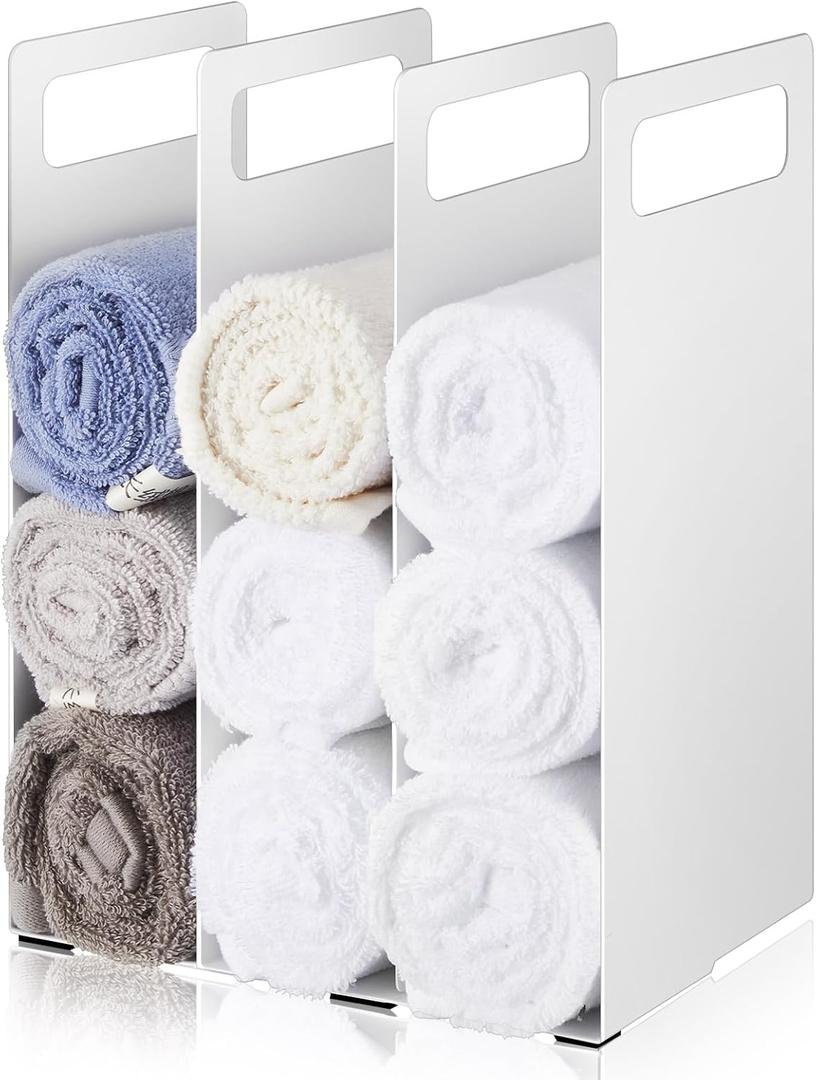 LEIFIDE Set of 2 Interlocking Towel Organizer Metal Bathroom Towel Storage Rack Shelf Dividers Organizers for Closet Home Space Saving (White)