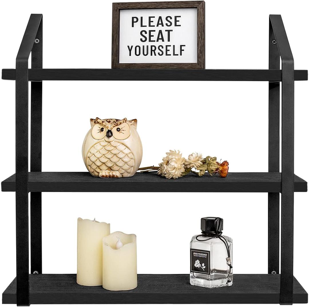 Mkono Floating Wall Shelves 3 Tier Rustic Hanging Shelf with Metal Bracket Wall Mount Wood Storage Display Shelves for Living Room Bathroom Bedroom Kitchen Office, Black (17")