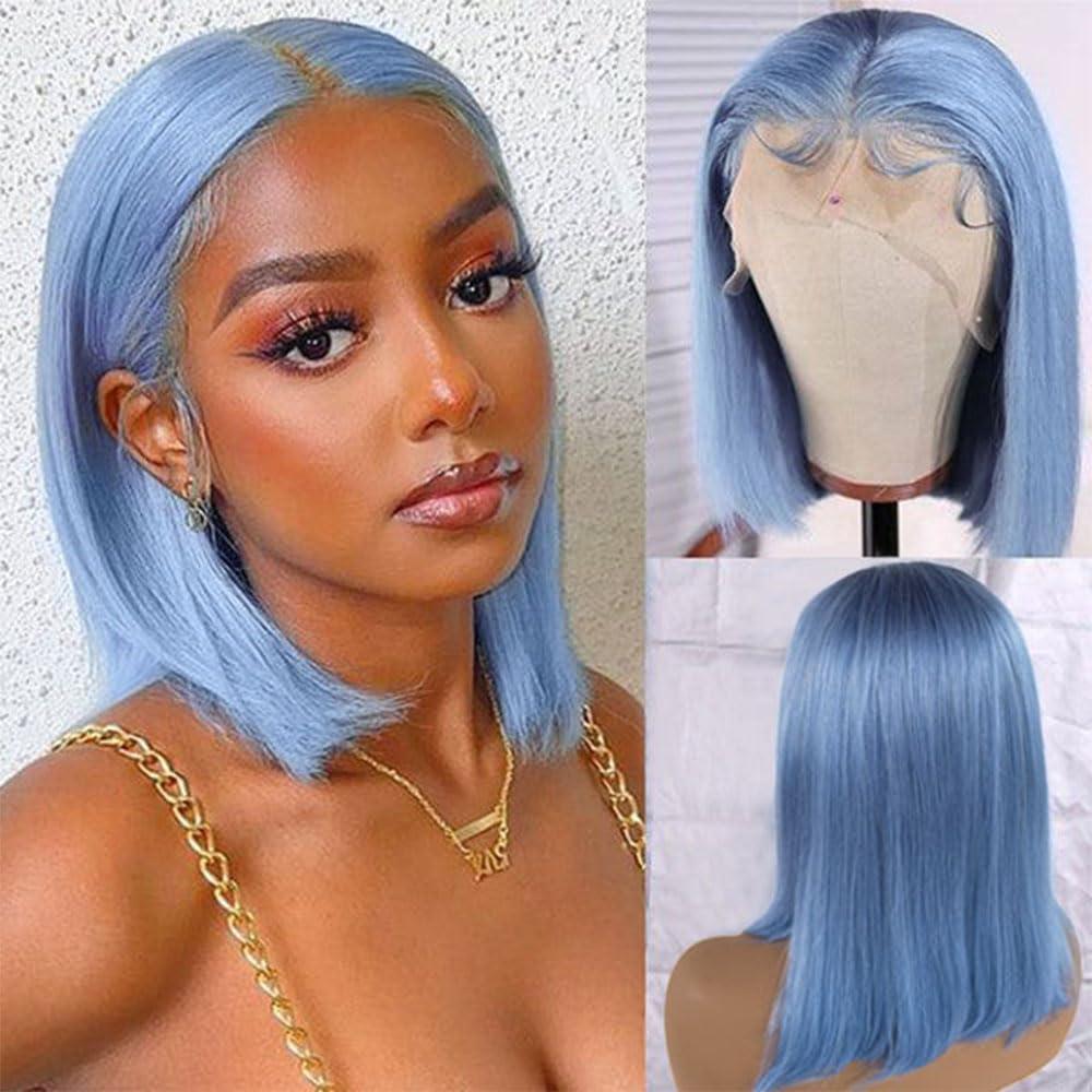 Smartinnov Light Blue Bob Wig Human Hair Pre Plucked With Baby Hair Glueless 13x4 Lace Front Wig HD Transparent Lace Frontal Short Bob Wigs for Women Bleached Knots with Baby Hair 10inch 180% Density