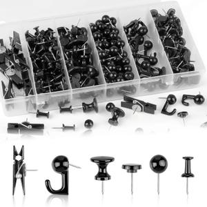 290 Pcs Push Pins, 6 Style Thumb Tacks Set for Wall Hanging,Cork Board, Bulletin Board, Decorative Steel Point Push Pins for Map, Photo, Craft, Office, Home - Black