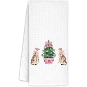 WUCHJ Pink Chinoiserie Christmas Cheetah Kitchen Towels, Preppy Coquette Leopard Christmas Tree Hand Towels for Bathroom, Girly Grandmillennial Xmas Decorative Dish Tea Towel, 16x24 Inch