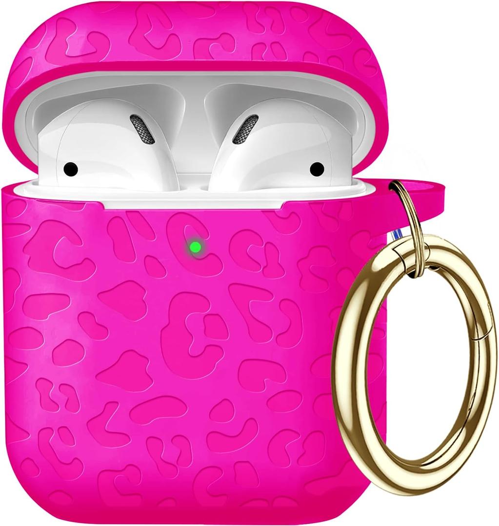  Compatible with Airpods Case Leopard Engraved Skin Cover Compatible with Airpods 2nd/1st Charging Case, Cute Soft Silicone Full Protective, Front LED Visible, Hot Pink