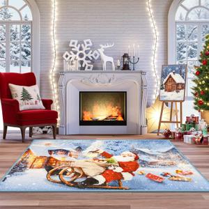 Christmas Rugs Indoor Large Area Rug for Living Room Floor Carpet for Bedroom, Non-Slip Washable Throw Rugs with Rubber Backing Decorative Blue Santa Rug for Kitchen Fireplace Decor 3 x 5 Ft