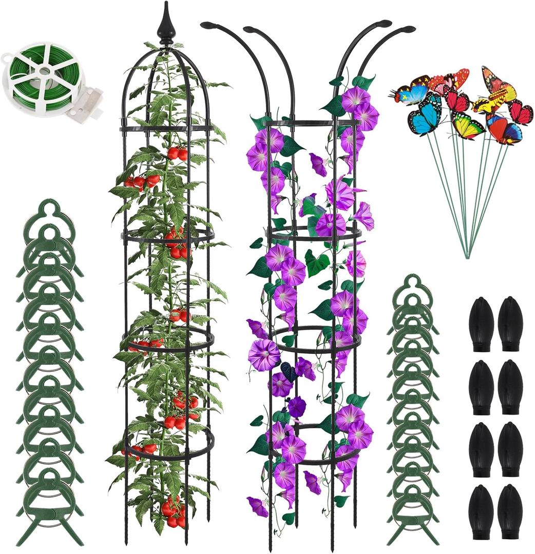 Obelisk Trellis for Climbing Plants Outdoor Garden Tower Trellis 6ft, Rustproof Coated Metal Plant Support with Garden Twist Tie 20pcs Clip for Tomato Cucumber Ivy Vines Potted Trellis 2 Pack
