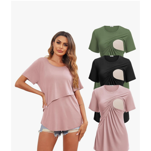 Ekouaer Women's Maternity Shirts Short Sleeves Nursing Tops 3 Pack Double Laye Breastfeeding Tees Pregnancy Clothes L.