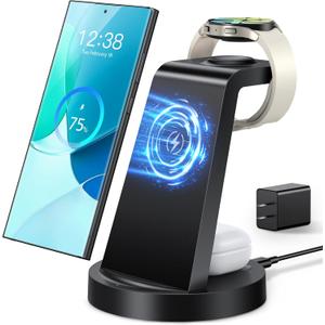 Wireless Charger for Samsung: 3 in 1 Wireless Charging Station for Samsung Galaxy Watch 7 6 5 4 3 Pro Classic Galaxy Buds - Charger Dock Stand for S25 S24 Ultra S23 S22 S21 Note Z Fold Android (Black)