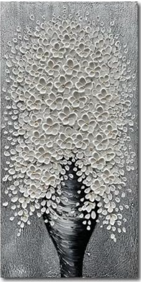 Epicler art 48x24 Inch Hand-Painted 3D Flower Art Oil Painting for Wall Decoration White Bouquets Blooming in Vases Home Wall Decoration
