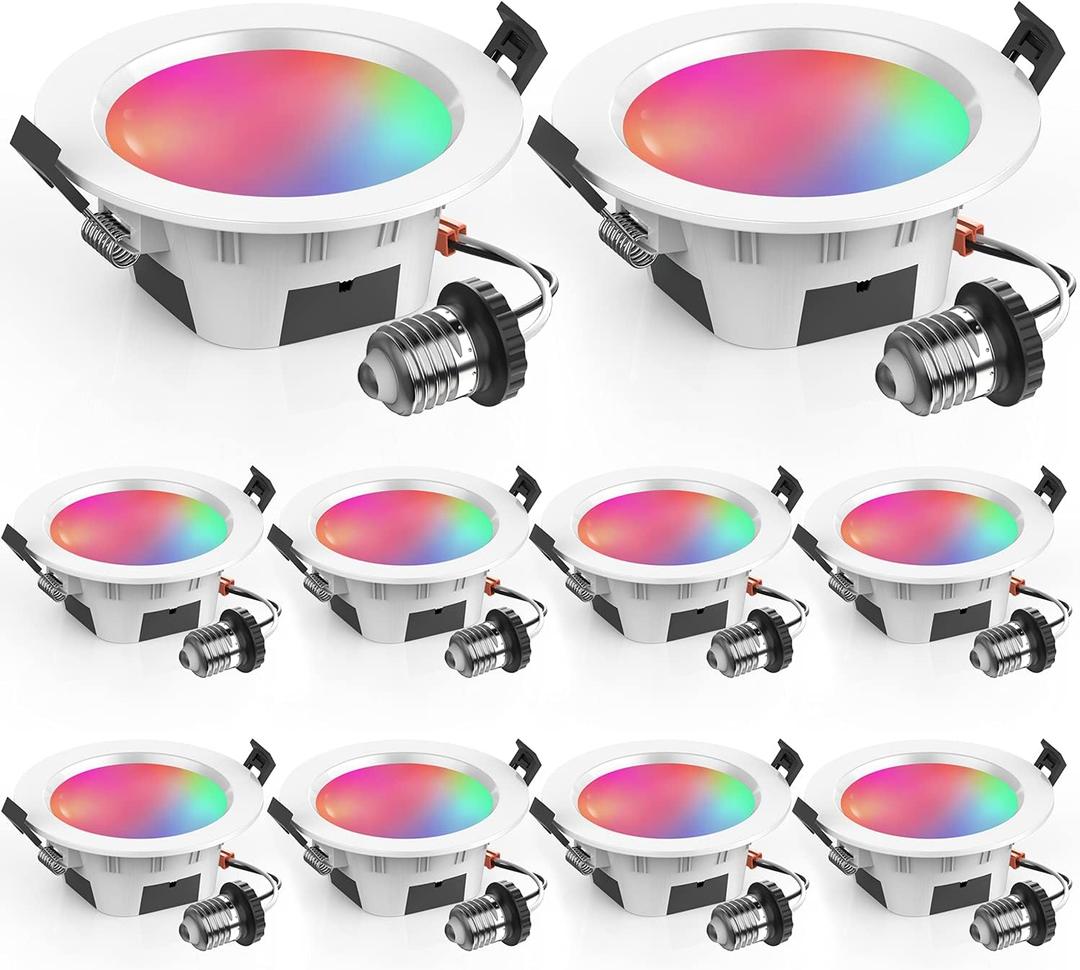 4" Smart Recessed Lighting 10 Pack, Multicolorred, Dimmable, 2700K~6500K, CRI80+, 4 Inch Color Changing Bluetooth Mesh LED Ceiling Light, RGB Canless Retrofit LED Downlight