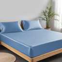 LINENWALAS Tencel Lyocell Fitted Sheet Only with Secure Snug Fit All Around Elastic 16 Inches Deep Pocket - Softest Cooling Eucalyptus Silk Bedding (Bahamas Blue, Queen)