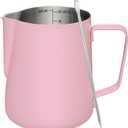 Milk Frothing Pitcher, 20 oz Milk Frother Cup with Clear Scale, 304 Stainless Steel Cappuccino Espresso Machine Accessories for Barista Coffee Bar with Latte Art Pen, Pink