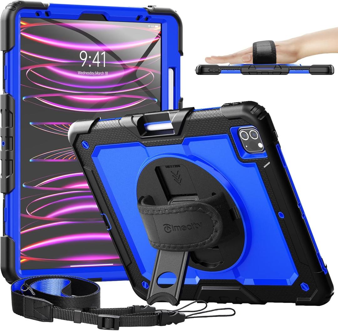 Timecity for iPad Pro 12.9 Case 6th/5th/4th/3rd Gen, 360 Rotating Stand, Pencil Holder & Wireless Charging, Shockproof with Screen Protector & Shoulder Strap - for Designers & Professionals-Dark Blue