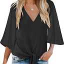 Bluetime Womens Tie Front Tops 3/4 Bell Sleeve V Neck Cute Summer Tops Shirts Casual Chiffon Blouses (Medium, Solid Black)