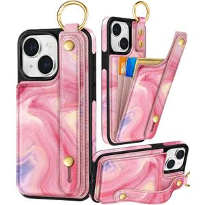 Petitian for iPhone 15 Plus Case with Wallet - Women Girls Cute Girly Aesthetic Unique Design with Leather Credit Card Holder Cardholder Stand Wristband for Apple 15 Plus, Marble