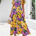 BTFBM Womens Spring 2026 Casual Maxi Dresses Short Sleeve Smocked Tiered Floral Boho Long Beach Dress with Pockets (Yellow, XXL)