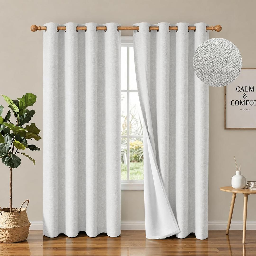 2 Panels 100% Blackout Linen-Textured Curtains, Thick Thermal Insulated Grommet Drapes with Subtle Herringbone Weave, Luxury Decor for Bedroom/Living Room, 54 x 84 Inches, PurWhite