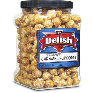 It's Delish Gourmet Cinnamon Caramel Popcorn by Its Delish, 16 OZ Jumbo Container Caramel Corn Air Popped Sweet & Crunchy Glazed Carmel Corn Snack - Gluten Free, Vegan, Kosher, 1 Count (EXP 05/11/28)