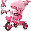 JMMD 7 in 1 Tricycle Stroller with Push Handle, Baby Trike with 360 Swivel Seat, Reclining Backrest, All-Terrain Wheels, Dual Brakes, Canopy & Storage, Gift for Kids 18 Months to 5 Years, Pink, Large
