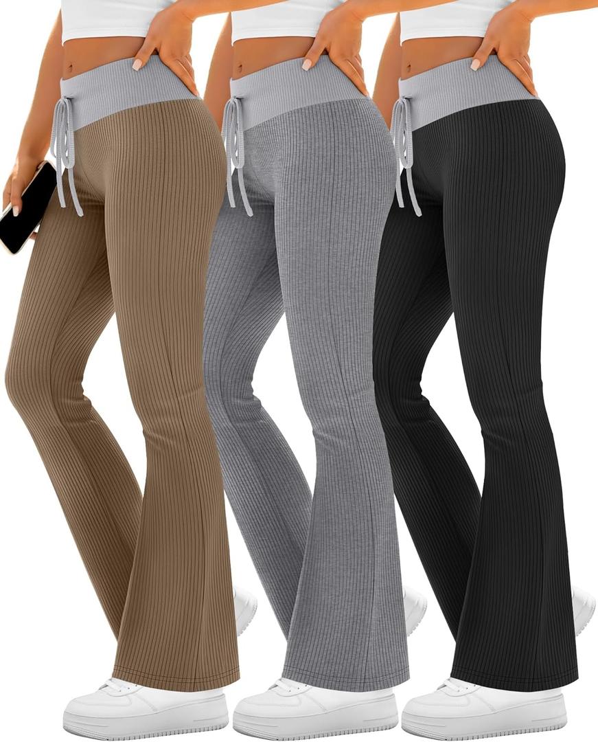 Velvelhall 3 Pack Women's Flare Leggings Ribbed Knit Color Block Yoga Pants Bootcut Sweatpants Stretchy Bell Bottoms(Black, Dark Gray, Coffee, Medium)