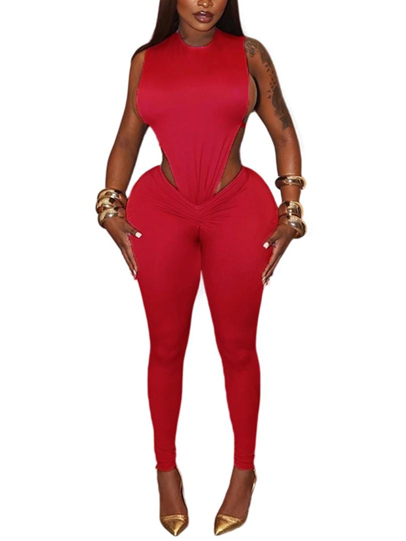 Red Sexy 2 Piece Sets for Women Sleeveless Hollow Out Bodysuit Top Bodycon Ruched Leggings Set Jumpsuit Club Outfits (Red)