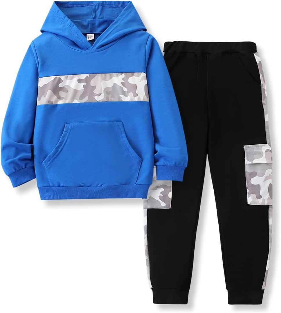 Boys Clothes 2Pcs Long Sleeve Hoodie Sweatshirt Camouflage Sweatpants Boy Sweatsuit Fall Outfits Set 6-12 Years (7-8 Years, Blue)