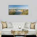 Sea Beach Canvas Wall Art Blue Ocean Pictures Wall Decor Coastal Reeds Nature Prints Seascape Painting Artwork for Living Room Bedroom Office Wall Decoration Framed 20" x 40"