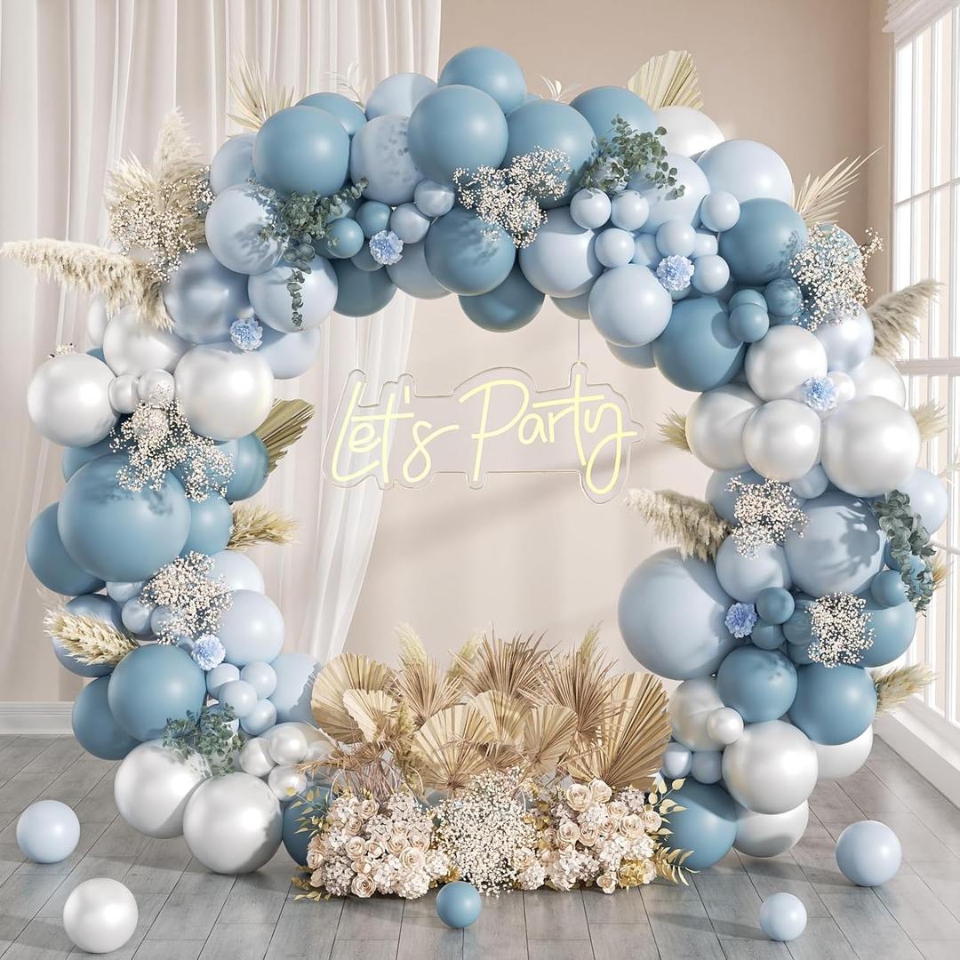 130pcs Dusty Blue Balloon Arch Kit, Dusty Light Blue Pearl White Balloons for Baby Shower Bridal Shower Wedding Birthday Party Decorations