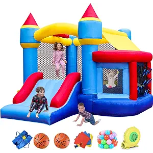 RETRO JUMP Inflatable Bounce House, Bouncy House for Kids Outdoor, Inflatable Kids Bounce House with Jumping Ball Pit & Basketball Hoop, Ocean Balls, Blower, Patch Kits, Stakes, Carrying Bag