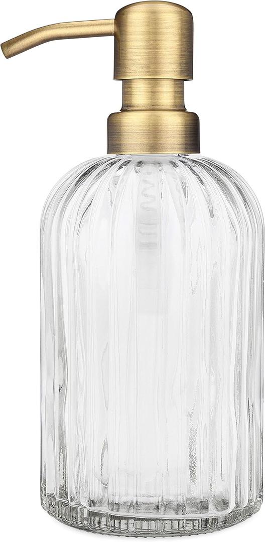 Rail19 Fluted Glass Nouveau Soap Dispenser with Metal Soap Pump - Lotion & Liquid Hand Soap for Kitchen and Bathroom, 12oz (Farmhouse Brass)