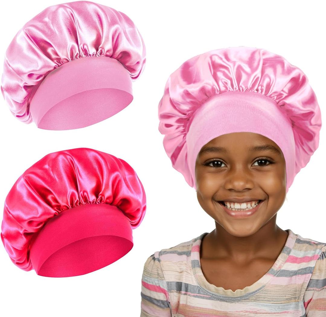2 PCS Kids Bonnets for Girls, Bonnet for Kids Baby Silk Satin Bonnets Sleeping Cap Bonnet for Girls Curly Hair Wrap Elastic Wide Band Sleep Cap for Child Toddler
