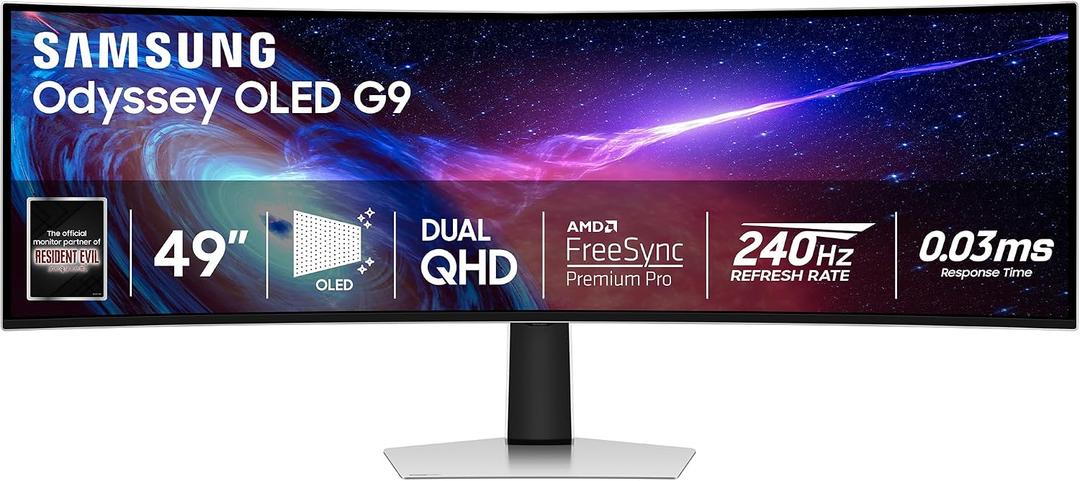 Samsung 49" Odyssey G93SC Series Curved Gaming Monitor, QD-OLED, 240Hz, 0.03ms, DQHD, G-Sync Compatible, FreeSync Premium Pro, Adjustable Stand