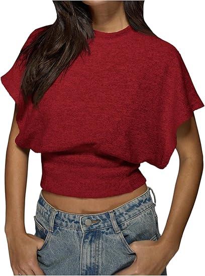 Women's Y2K Dolman Sleeve Tops Cinched Waist Going Out Tops Cap Sleeve Crop Shirt Casual Fall Spring Summer Shirt XS