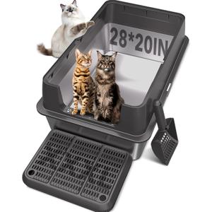 XXL Stainless Steel Litter Box with Lid, 28" Lx20 W Extra Large Cat Litter Boxes for Big Cats, Jumbo Metal Litter Box with Footboard & Scoop,Anti-Leakage,Non-Sticky,Odorless,Easy to Clean