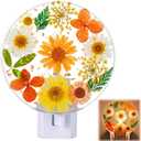 Glooglitter Pressed Flower Night Light Plug in - Handmade Dried Floral Wall Night Light, Soft Glow Decorative Nightlight for Hallway Bedroom Nursery Bathroom, Vintage Botanical Home Decor(Orange)