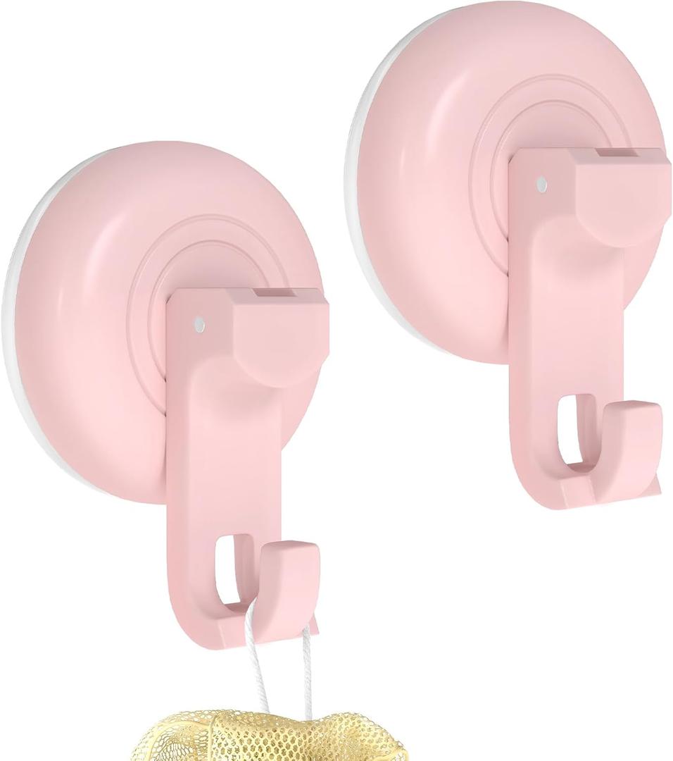 3 x Suction Cup Hooks for Shower, Powerful Vacuum Suction Cup Hook for Towel, Robe, Loofah, No Hole Punched, Reusable Bathroom Towel Hooks, Pink, 2 Pack